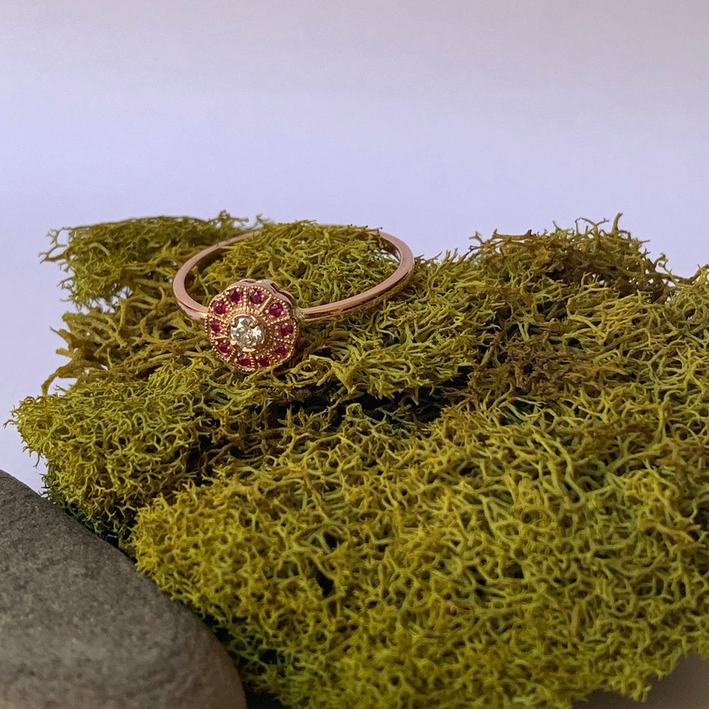 Flora Ruby ring, Gold Ruby flower ring, 14k gold ruby and diamond cluster ring, alternative engagement ring