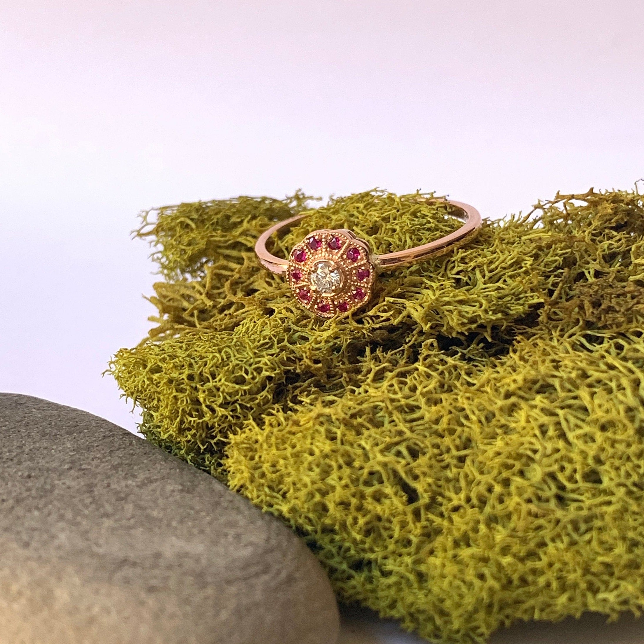 Flora Ruby ring, Gold Ruby flower ring, 14k gold ruby and diamond cluster ring, alternative engagement ring
