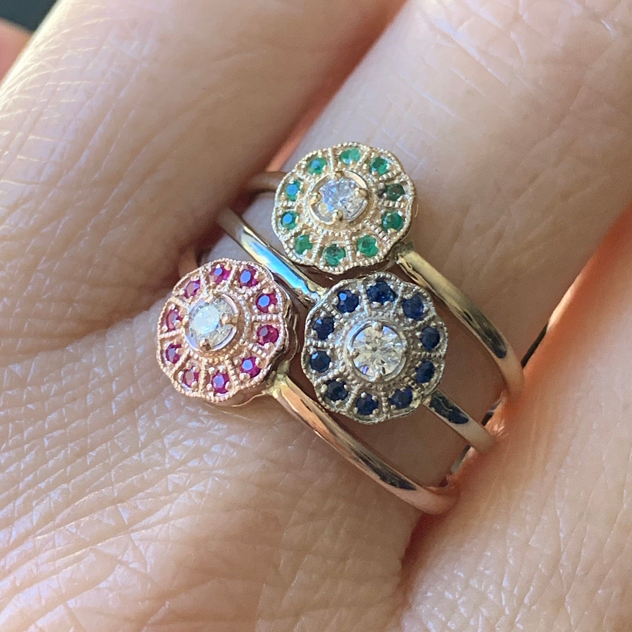 Flora Ruby ring, Gold Ruby flower ring, 14k gold ruby and diamond cluster ring, alternative engagement ring