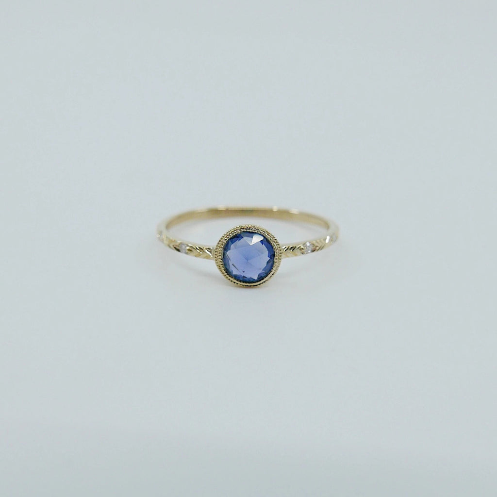 Juliette engraved diamond band rose cut blue sapphire ring, gold solitaire ring, bezel stone ring, 14k gold sapphire ring, gold diamond band