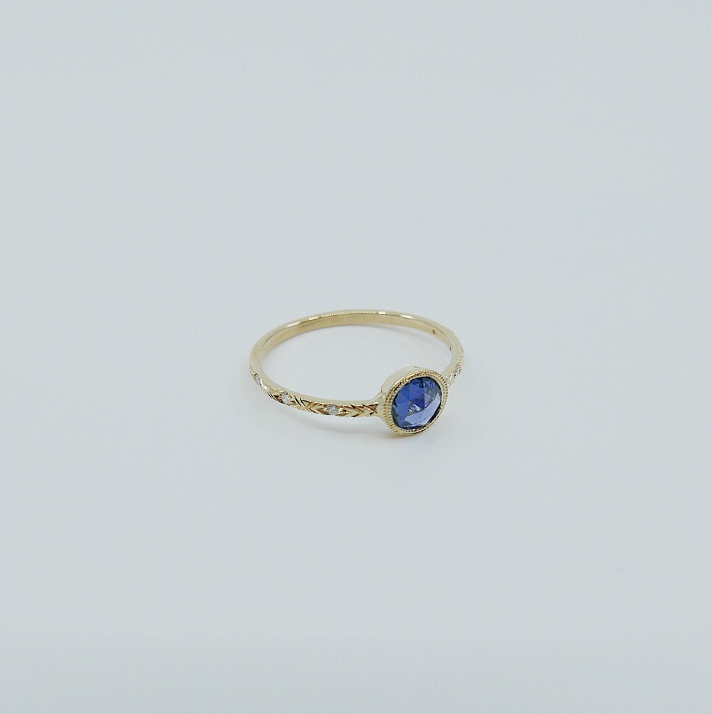 Juliette engraved diamond band rose cut blue sapphire ring, gold solitaire ring, bezel stone ring, 14k gold sapphire ring, gold diamond band