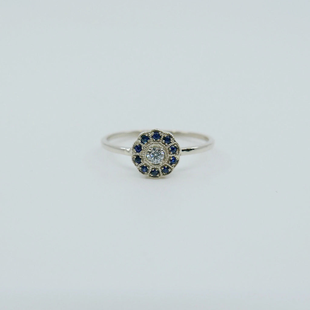 Flora Sapphire ring, 14k Gold Sapphire flower ring, 14k gold sapphire and diamond ring, alternative engagement ring