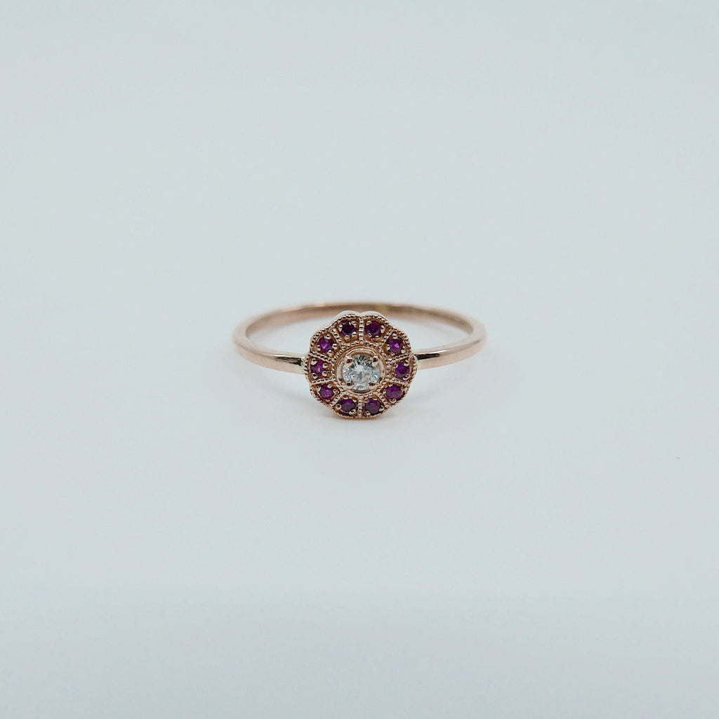 Flora Ruby ring, Gold Ruby flower ring, 14k gold ruby and diamond cluster ring, alternative engagement ring