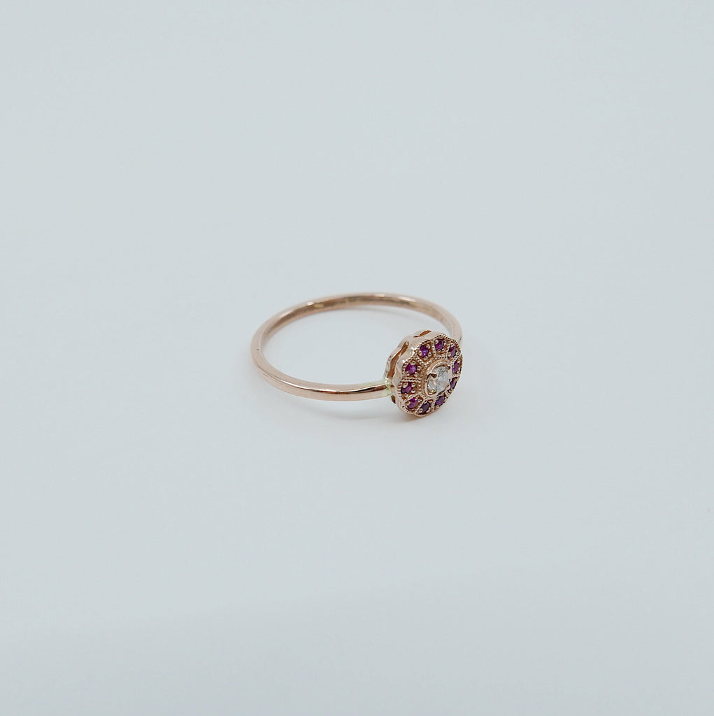 Flora Ruby ring, Gold Ruby flower ring, 14k gold ruby and diamond cluster ring, alternative engagement ring