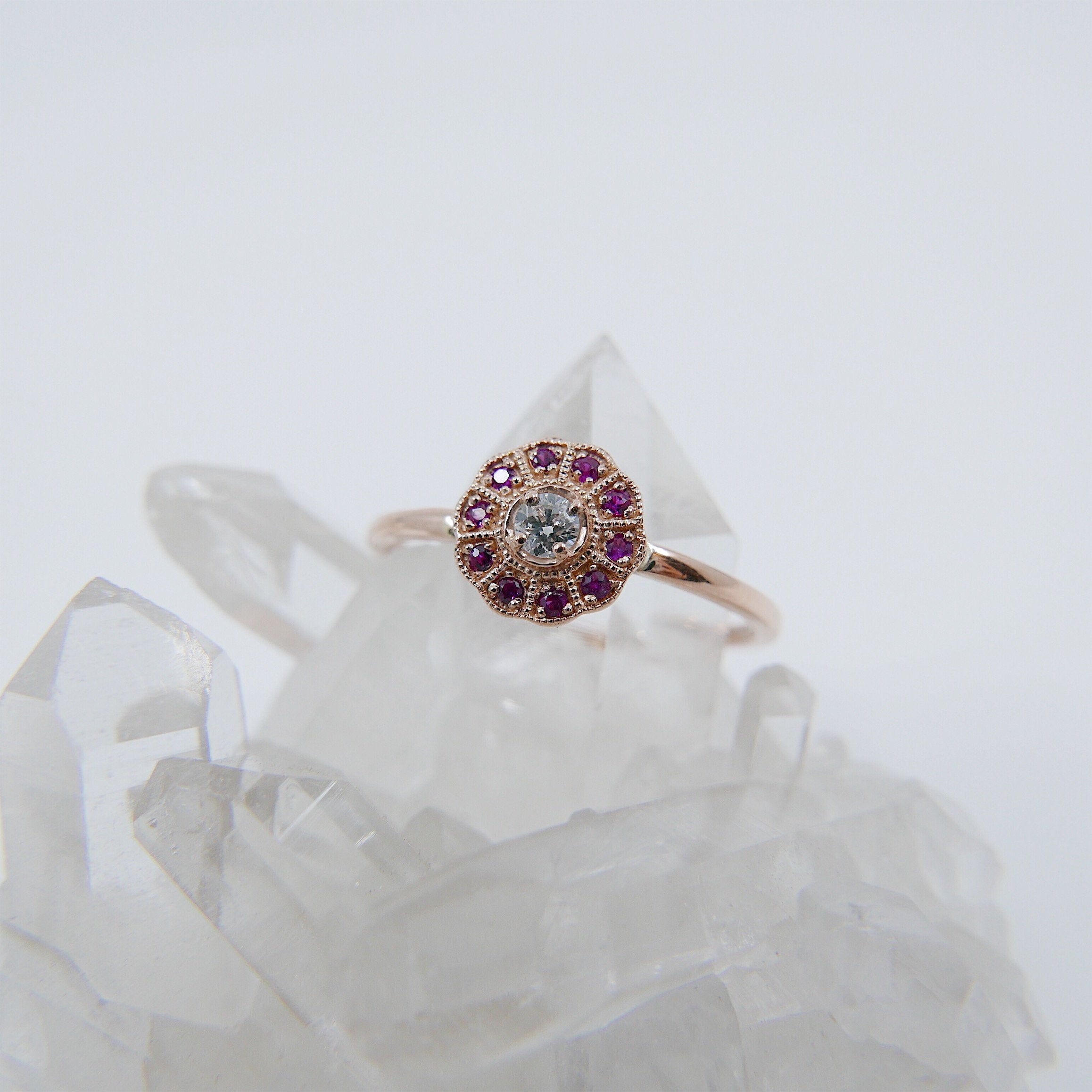 Flora Ruby ring, Gold Ruby flower ring, 14k gold ruby and diamond cluster ring, alternative engagement ring