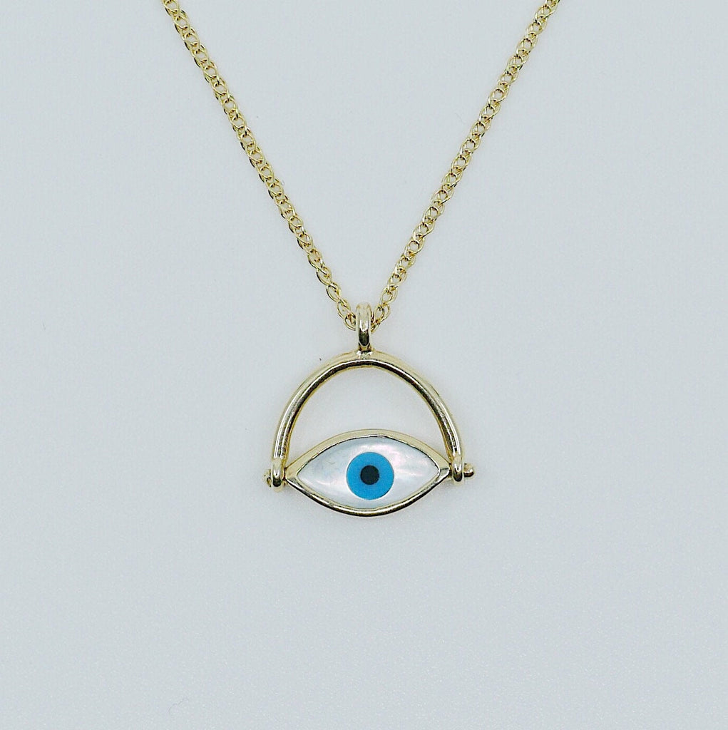 Eye Roll Necklace, mother of pearl pendant, spinning charm, hamsa, third eye necklace, Protect me necklace