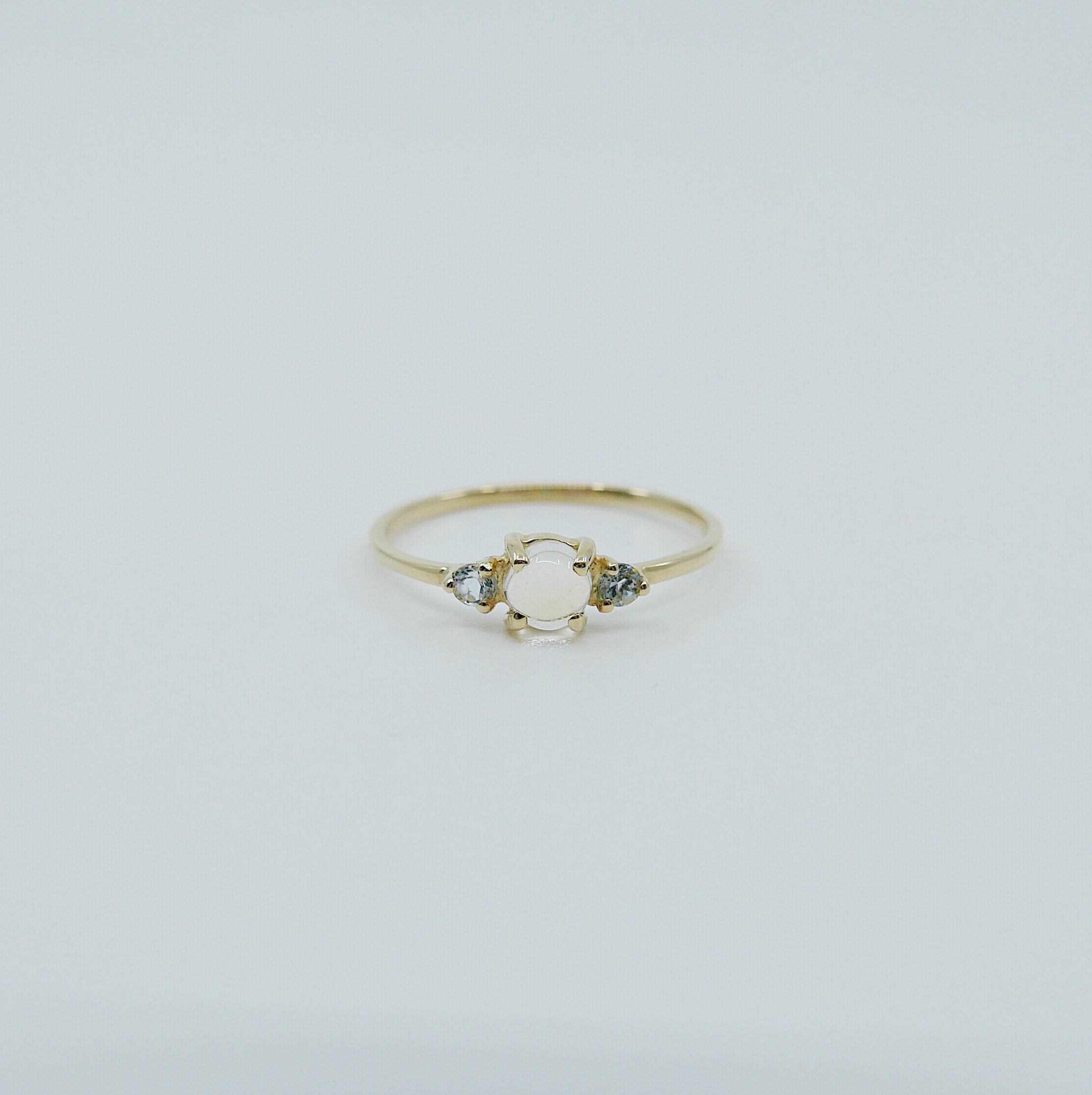 Penny Moonstone three stone ring, three stone ring, moonstone and aquamarine ring, 14k gold rainbow moonstone ring, 3 stone moonstone ring