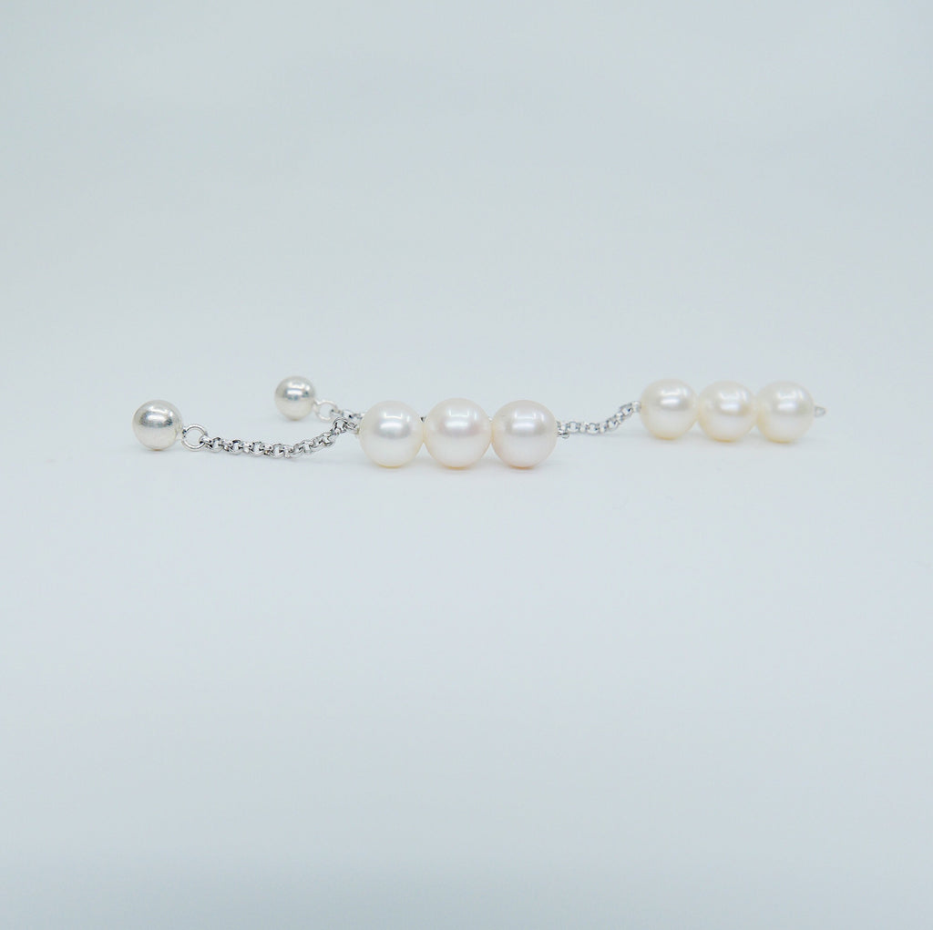 Asymmetrical Pearl Trio earrings, long pearl earrings, chain earrings, sterling silver shoulder dusting chain earrings, silver pearl earring