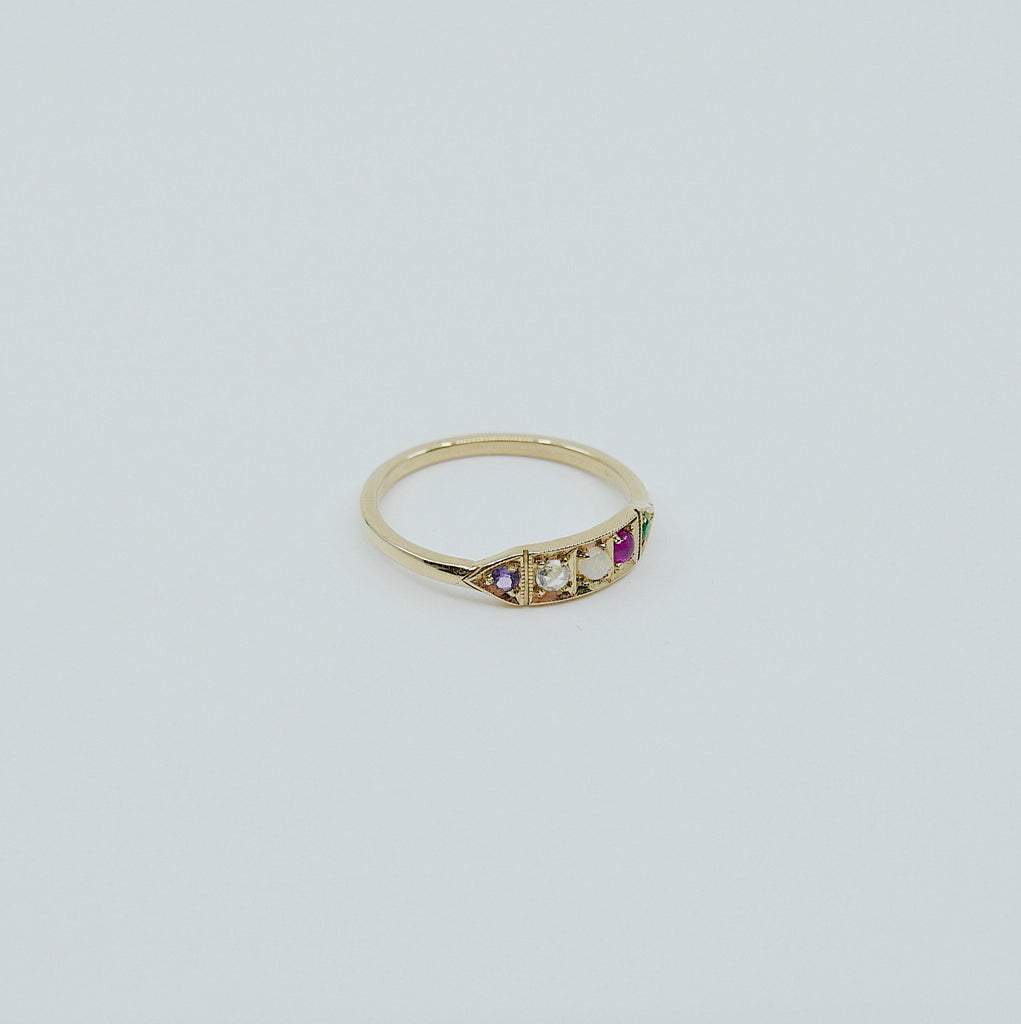 Ms. Goodbar ADORE acrostic ring, 14k Stacking ring, Amethyst, Diamond, Opal, Ruby and Emerald ring, Five stone ring, acrostic ring