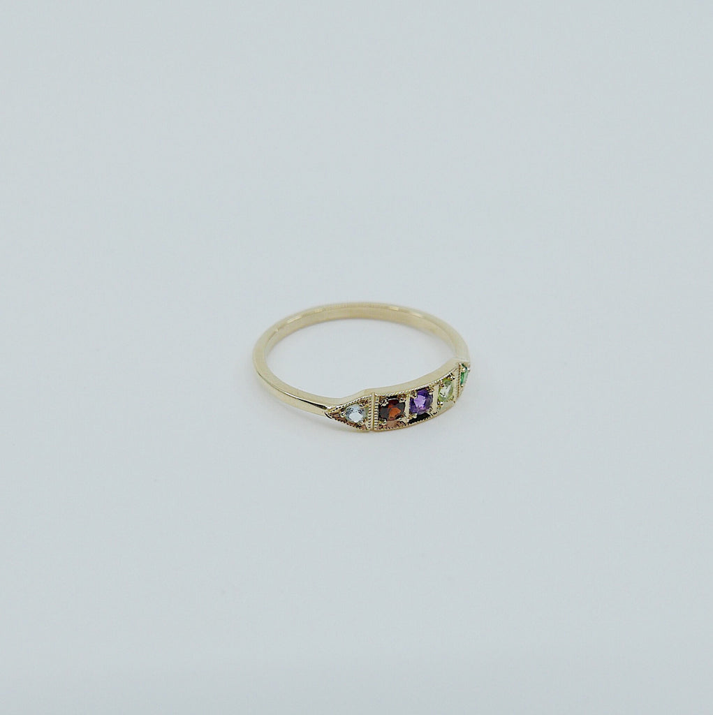 Ms. Goodbar AGAPE acrostic ring, 14k stacking ring, Aquamarine, Garnet, Amethyst, Peridot, and Emerald ring, engagement ring, acrostic ring