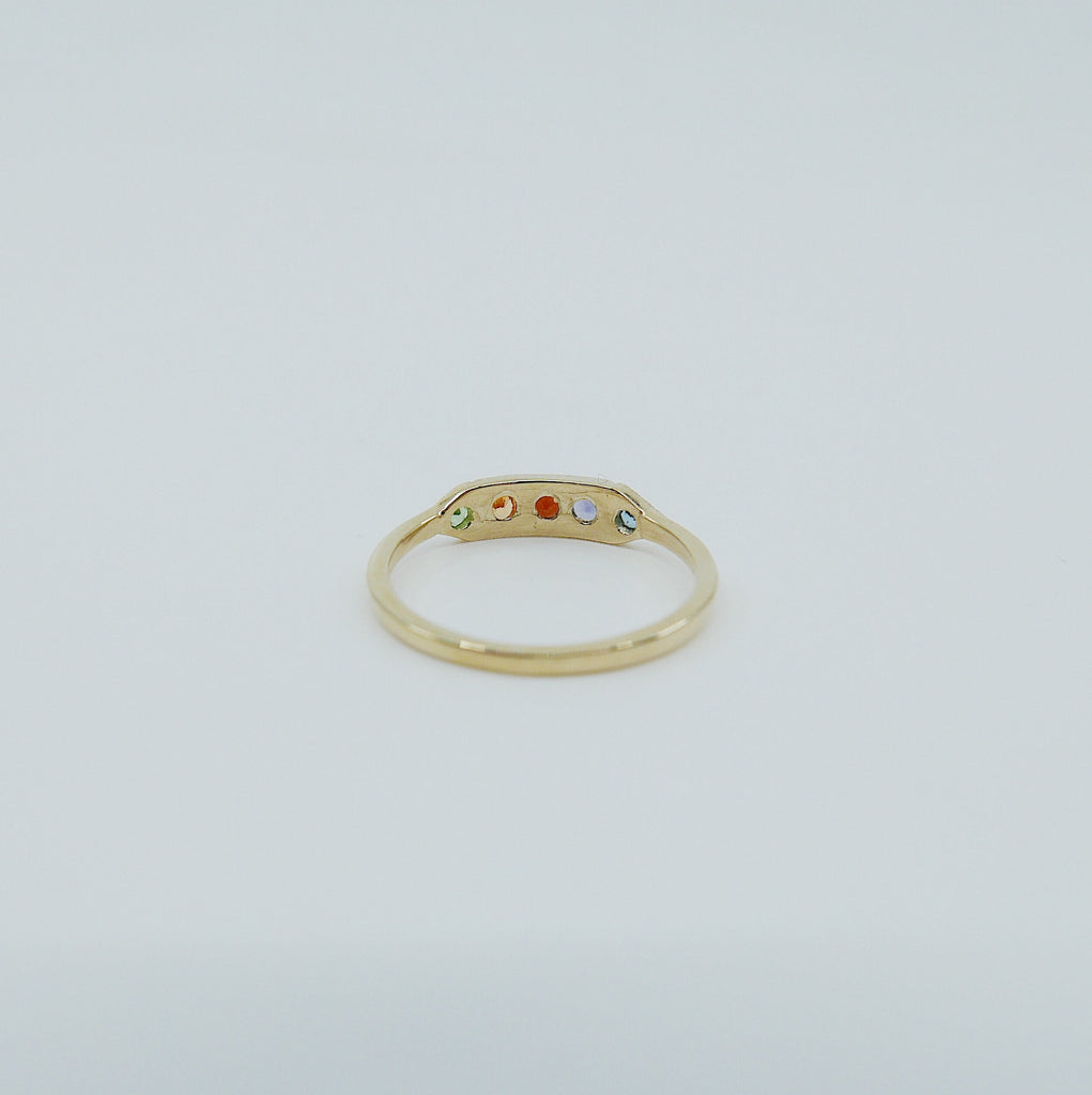 Ms. Goodbar LIGHT acrostic ring, 14k stacking ring, Light Blue Topaz, Iolite, Garnet, Hessontie Garnet, and Tsavorite ring, Five stone ring