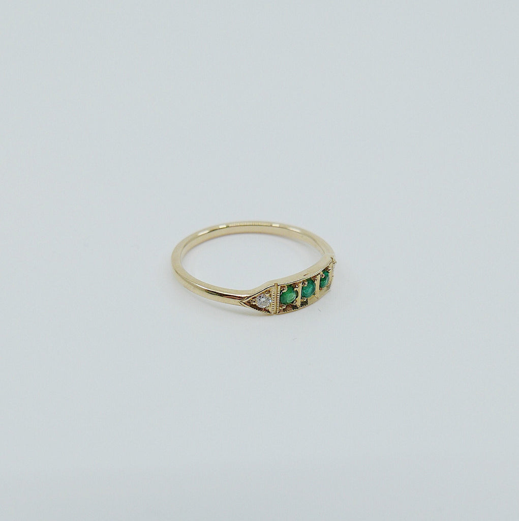 Ms. Goodbar Emerald ring, 14k Stacking ring, Diamond and emerald ring, Five stone ring, Diamond Bar ring, Emerald Bar ring, Dainty band