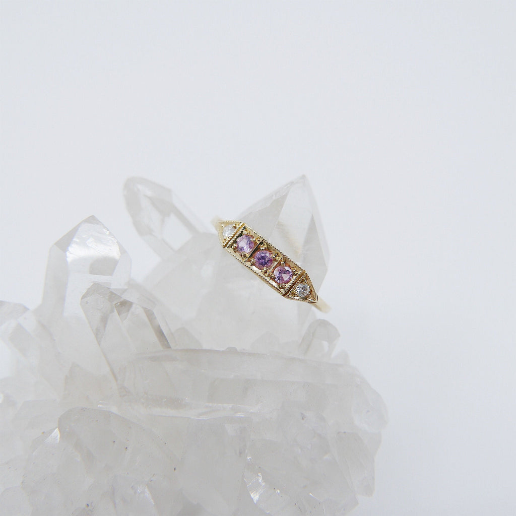Ms. Goodbar Pink Sapphire ring, 14k Stacking ring, Diamond and pink sapphire ring, Five stone ring, Diamond Bar ring, Pink Sapphire Bar ring