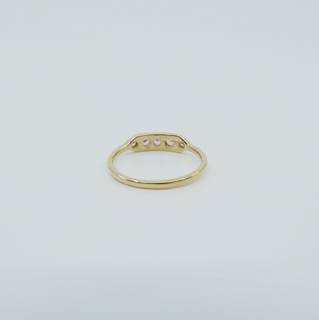 Ms. Goodbar Pink Sapphire ring, 14k Stacking ring, Diamond and pink sapphire ring, Five stone ring, Diamond Bar ring, Pink Sapphire Bar ring