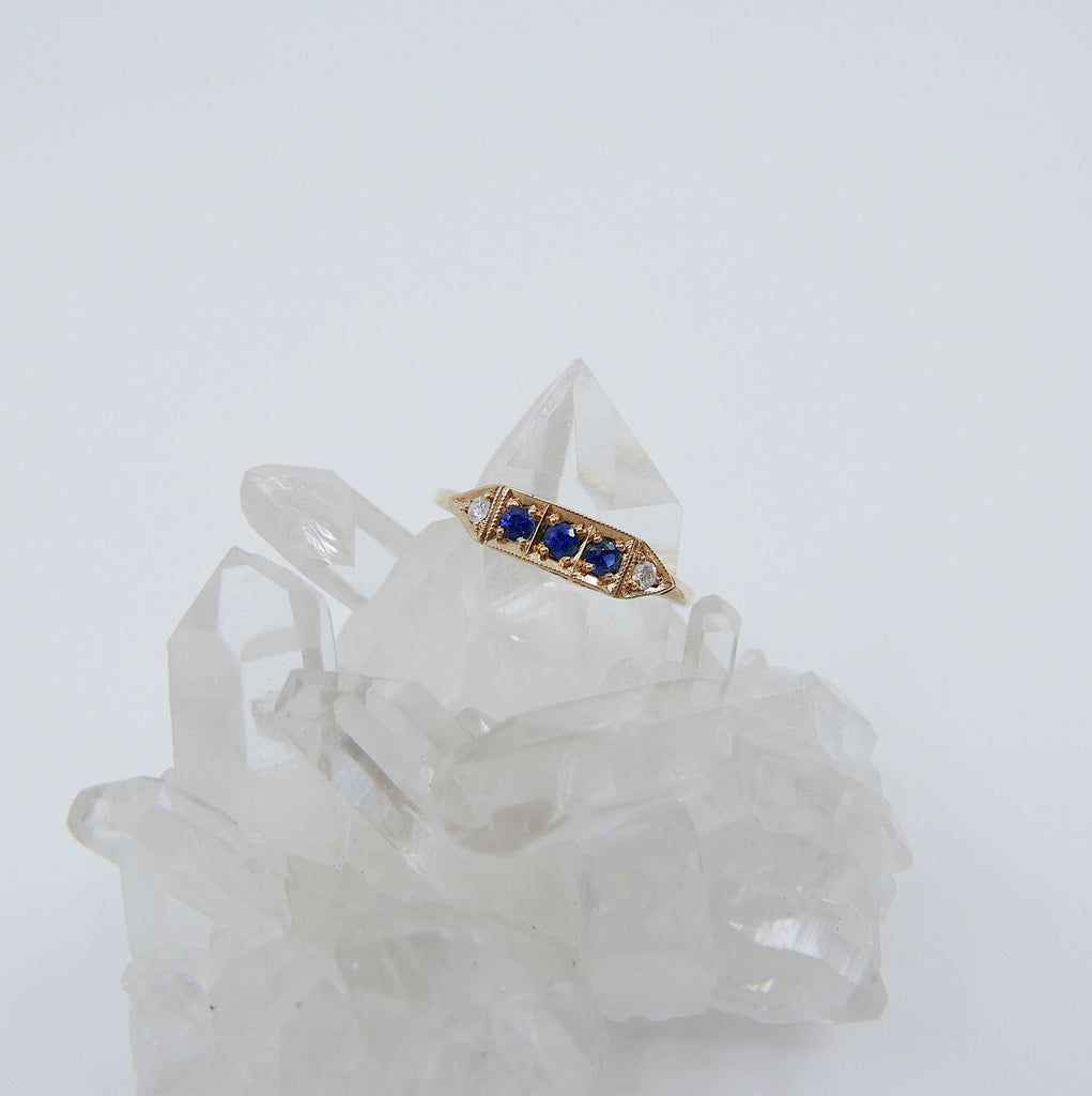 Ms. Goodbar Sapphire ring, 14k Stacking ring, Diamond and sapphire ring, Five stone ring, Diamond Bar ring, Sapphire Bar ring, Dainty band