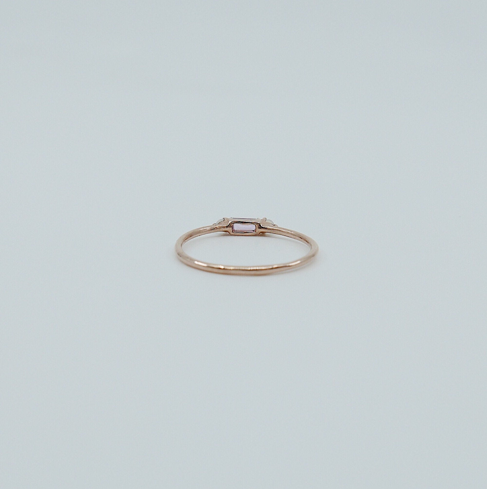 Limited Edition - Grand Baguette Sapphire Opal ring, 14k Stacking sapphire baguette ring, Three stone ring, Sapphire opal stacking ring