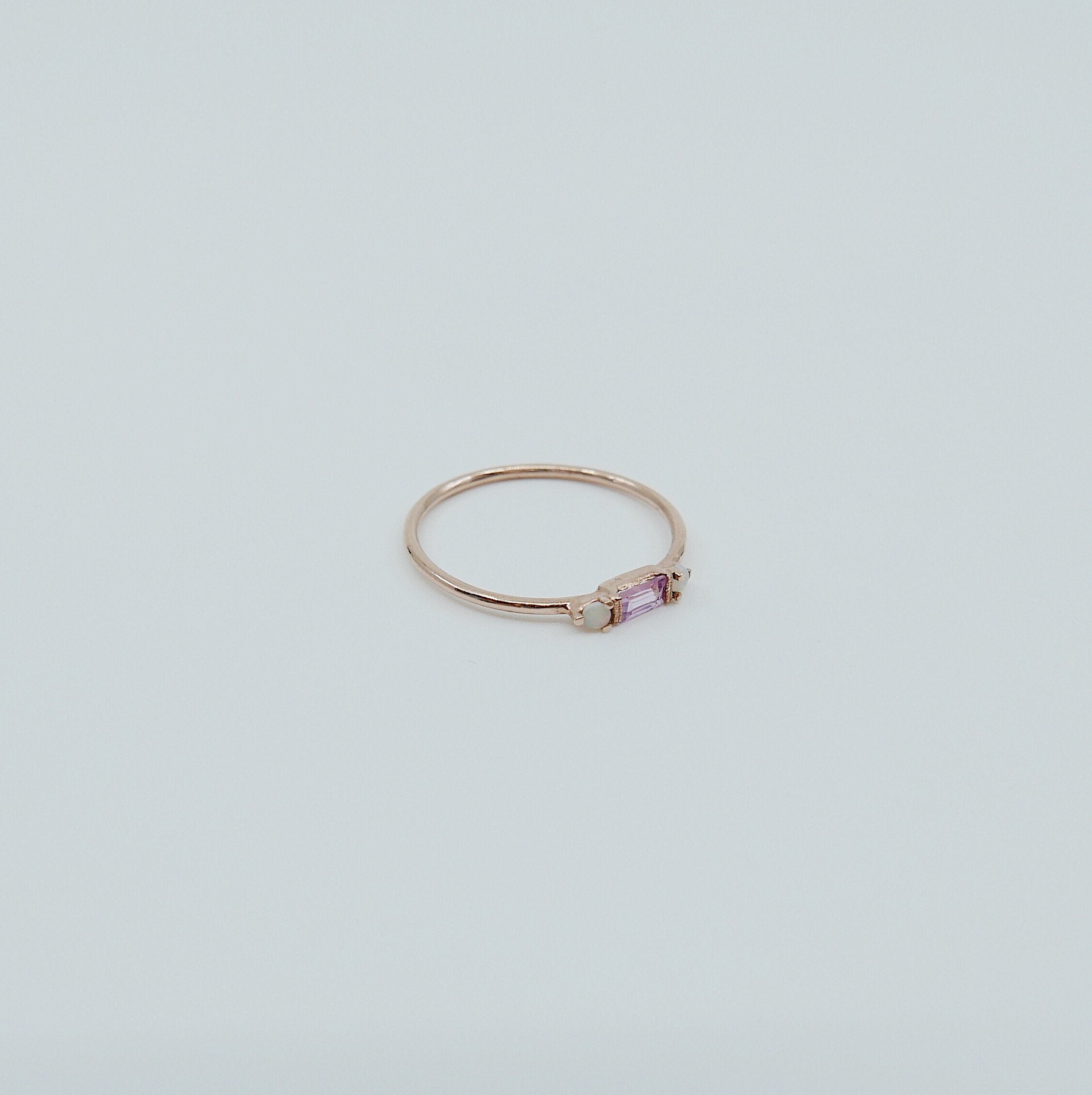 Limited Edition - Grand Baguette Sapphire Opal ring, 14k Stacking sapphire baguette ring, Three stone ring, Sapphire opal stacking ring