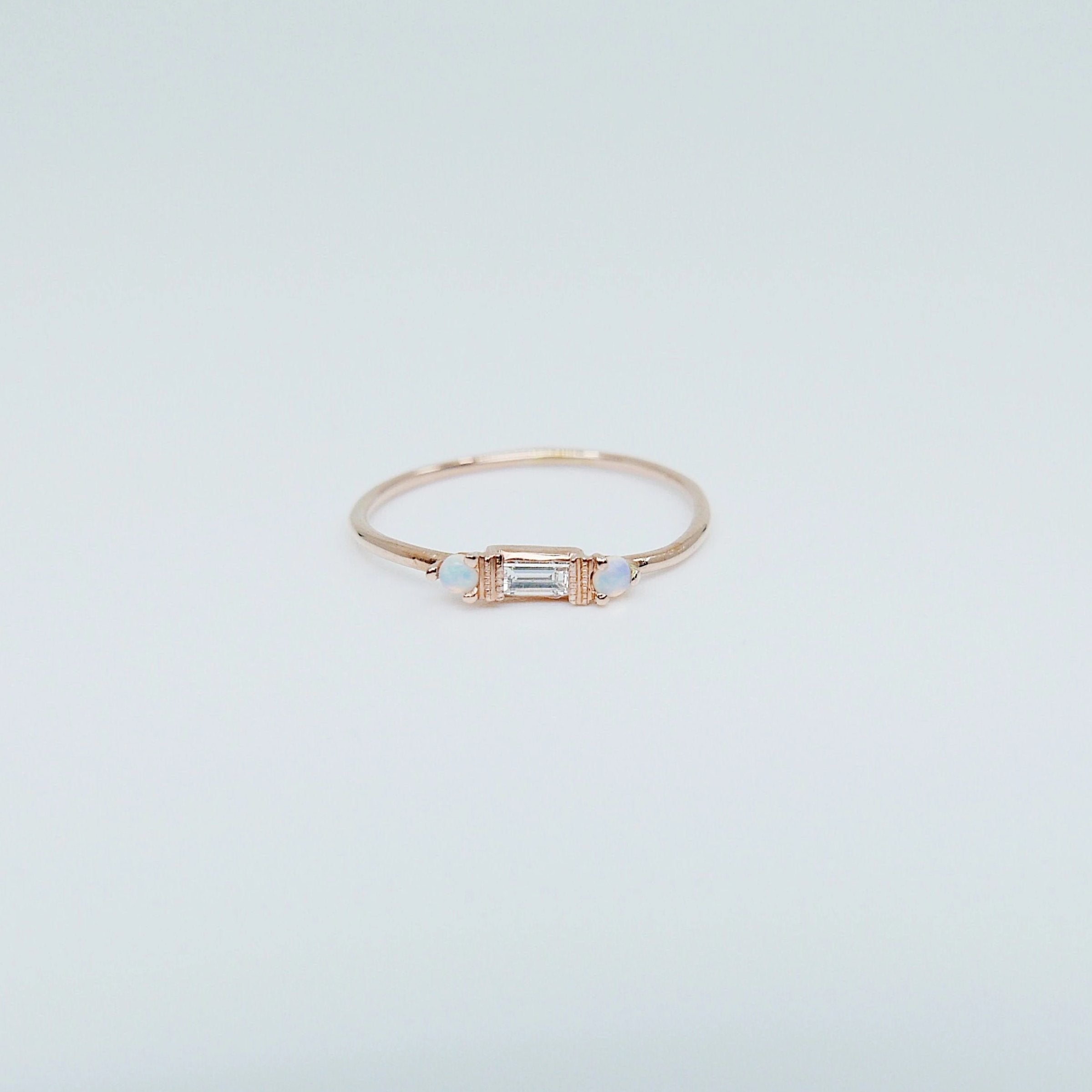 Grand Baguette Diamond with Opal ring, 14k Stacking diamond baguette ring, Three stone ring, diamond and opal stacking ring