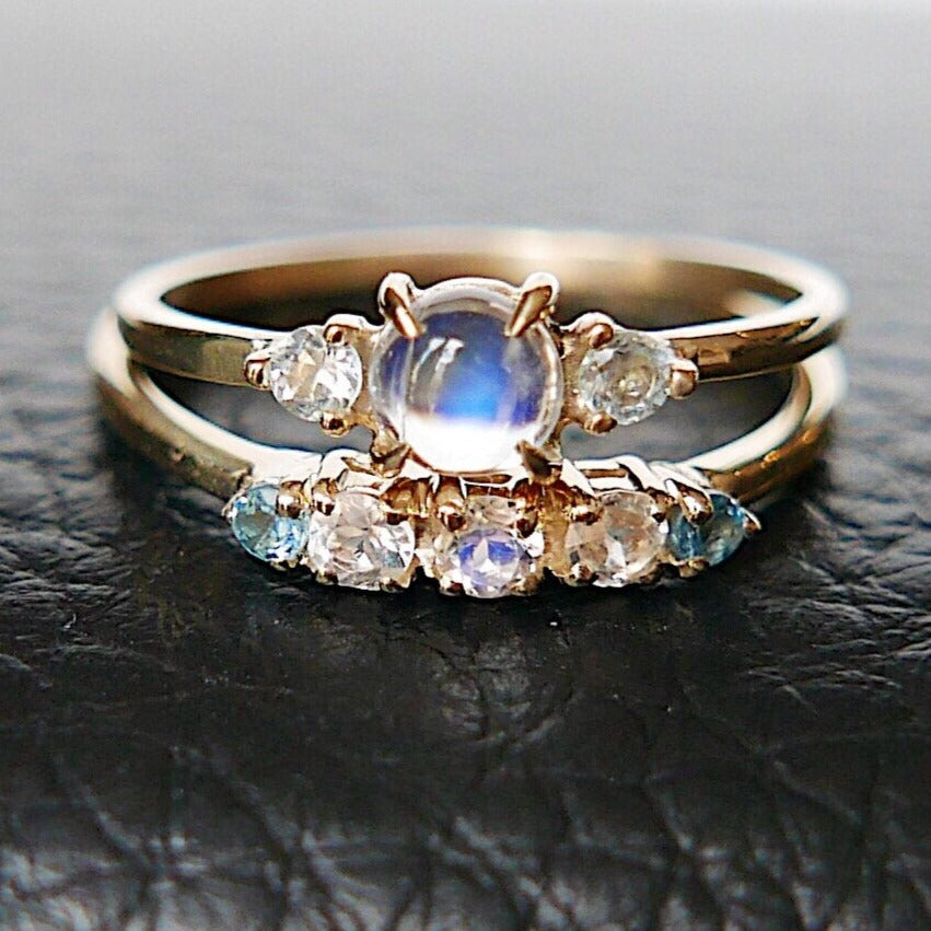 Riley moonstone and aquamarine ring, 5 stone gold ring,  Moonstone aquamarine ring, 14k gold moonstone ring, rainbow moonstone band