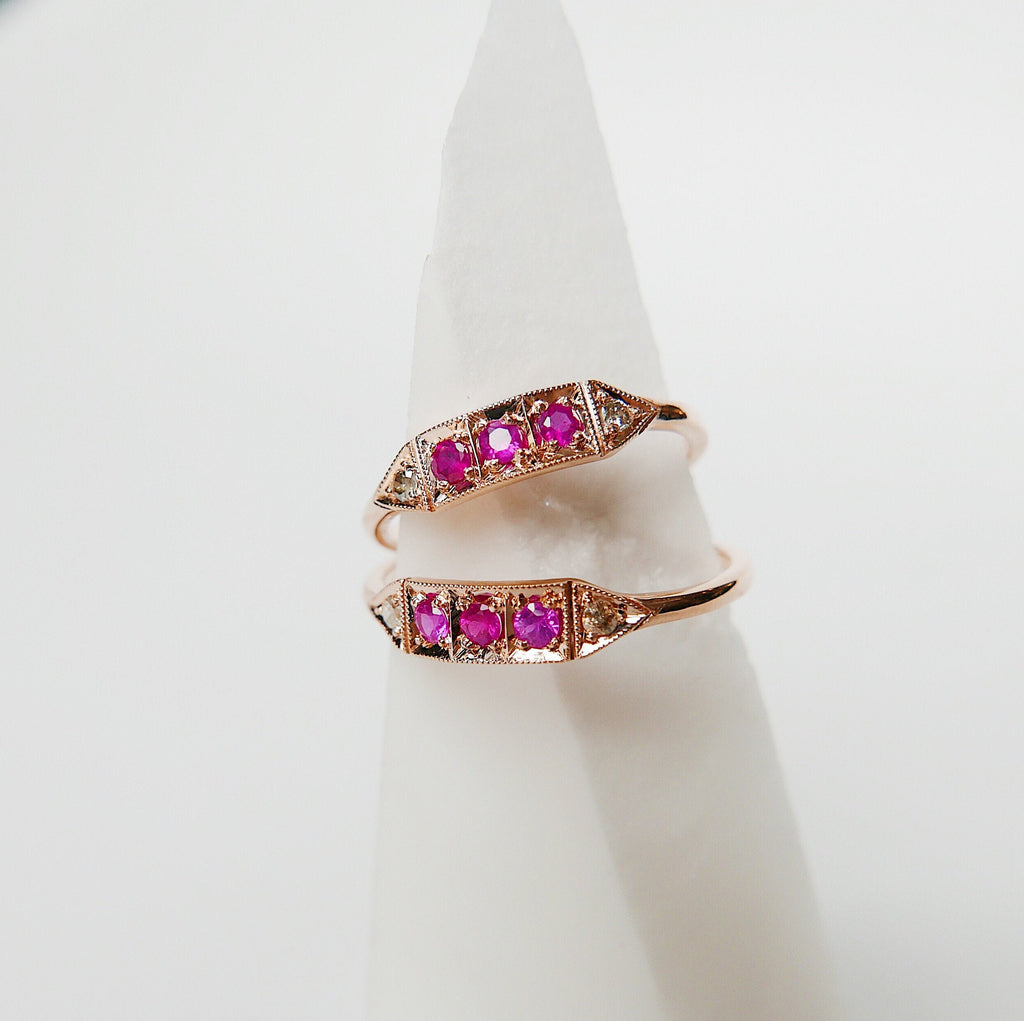 Ms. Goodbar ruby ring, 14k Stacking ring, Diamond and ruby ring, Five stone ring, Diamond Bar ring, Ruby Bar ring, Dainty band