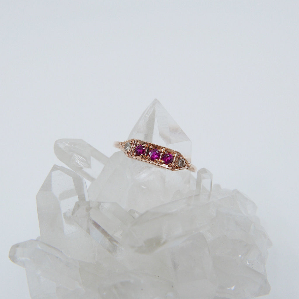 Ms. Goodbar ruby ring, 14k Stacking ring, Diamond and ruby ring, Five stone ring, Diamond Bar ring, Ruby Bar ring, Dainty band
