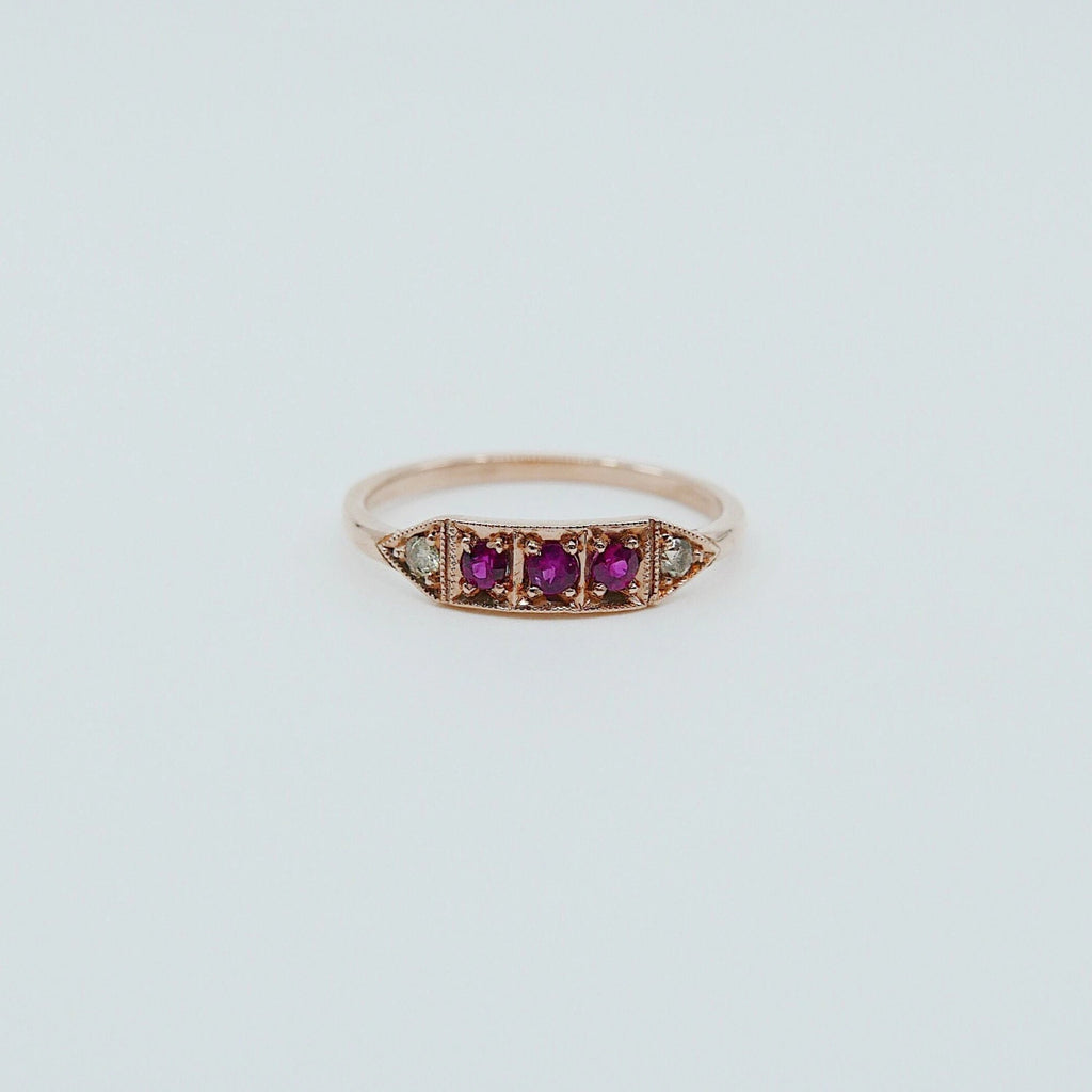 Ms. Goodbar ruby ring, 14k Stacking ring, Diamond and ruby ring, Five stone ring, Diamond Bar ring, Ruby Bar ring, Dainty band