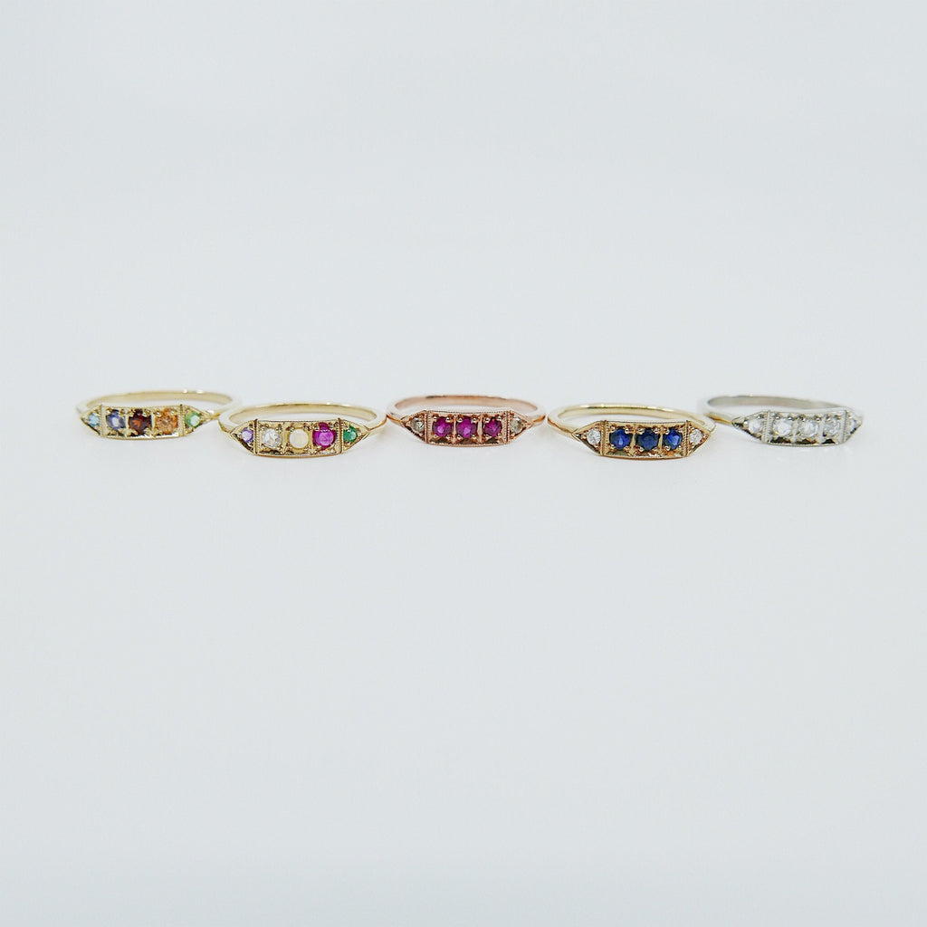 Ms. Goodbar ruby ring, 14k Stacking ring, Diamond and ruby ring, Five stone ring, Diamond Bar ring, Ruby Bar ring, Dainty band