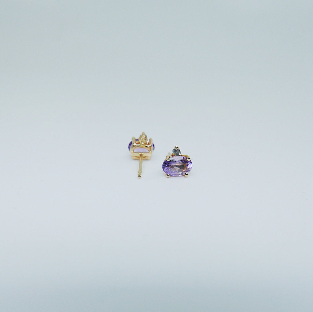 SAMPLE SALE! Purple Ameythst & Grey Diamond Earrings, Amethyst Earrings, Grey Diamond Earrings, 14k Gold Stud Earrings, Two Stone Earrings