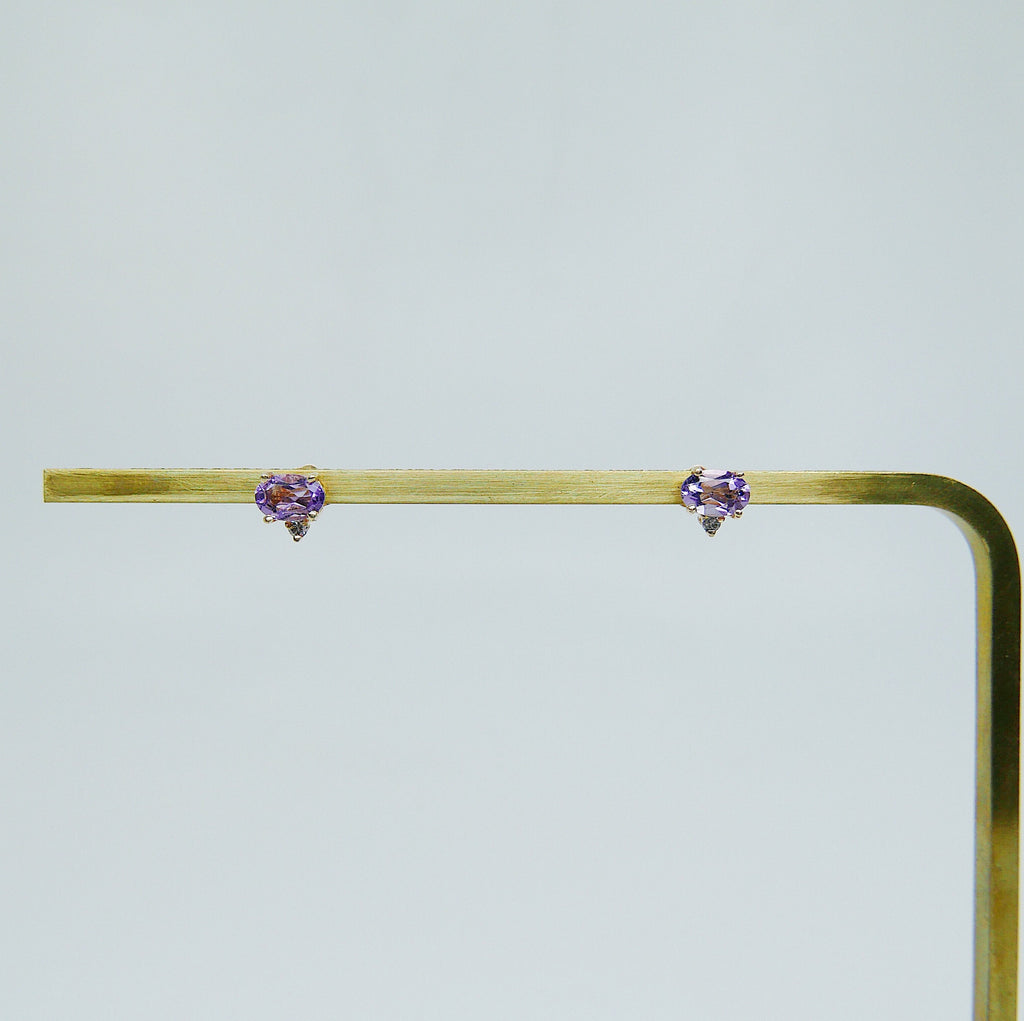 SAMPLE SALE! Purple Ameythst & Grey Diamond Earrings, Amethyst Earrings, Grey Diamond Earrings, 14k Gold Stud Earrings, Two Stone Earrings