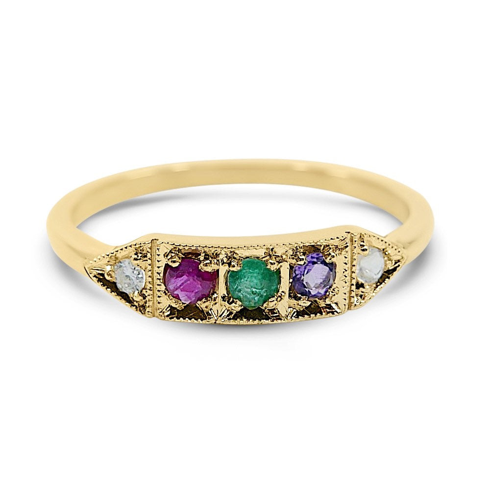 Ms. Goodbar DREAM acrostic ring, 14k stacking ring, Diamond, Ruby, Emerald, Amethyst, and Moonstone ring, Five stone ring, acrostic ring