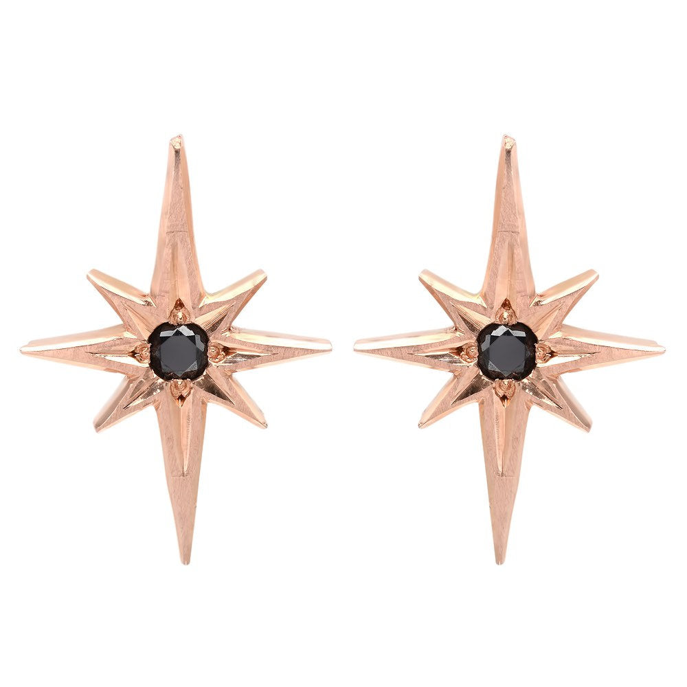 Polaris Earrings, 14k rose gold earrings, 14k Five Point star earrings, Starburst Earrings, Black Diamond Star Earrings, Diamond Starburst