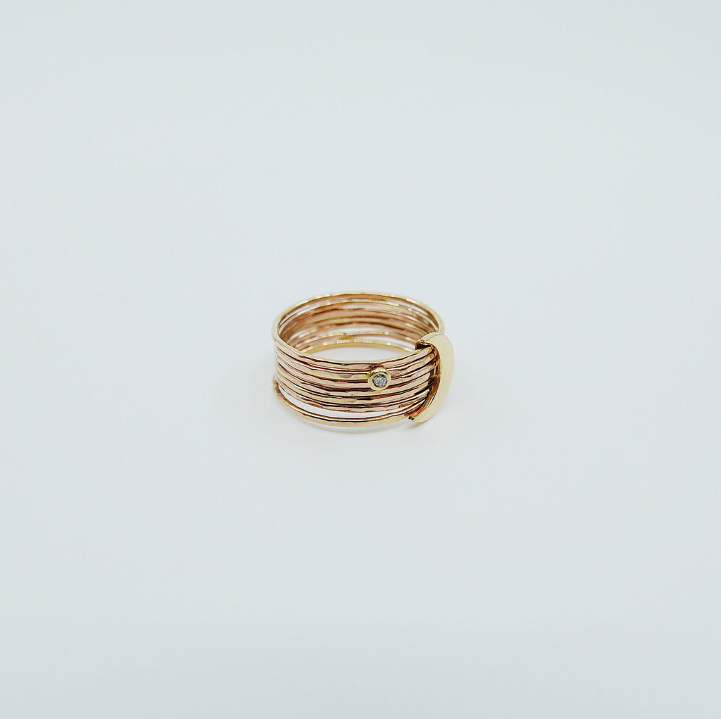 Large Crescent Moon with Diamond Stacking Ring, stacking ring set, gold crescent moon and diamond ring, crecent moon diamond stacking ring