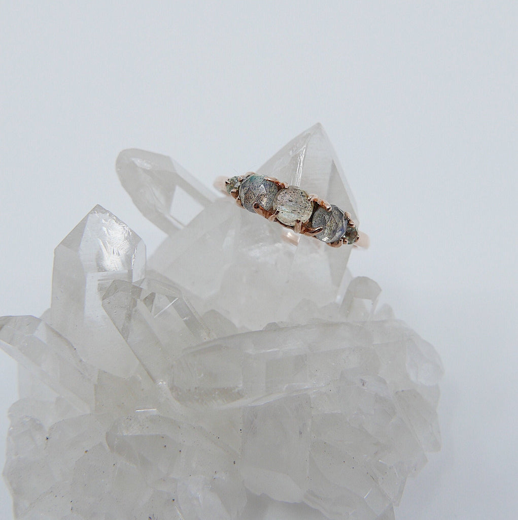 Hailey labradorite five stone ring, 5 stone band, rose cut labradorite and aquamarine ring, 14k gold stone ring, five stone ring