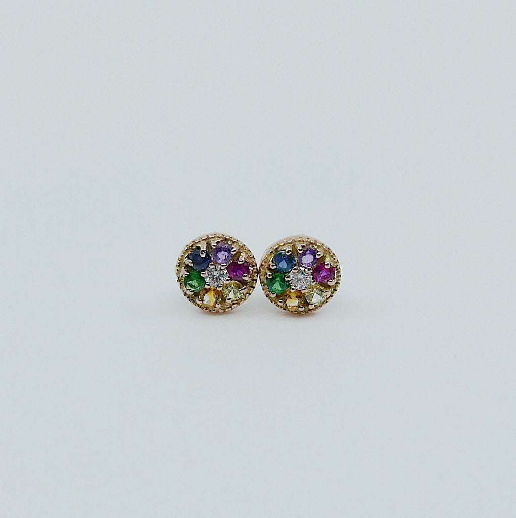 Painter's Palette Earring, 14k multicolor stone circle earring, mini diamond stud earring, rainbow circle hook earring