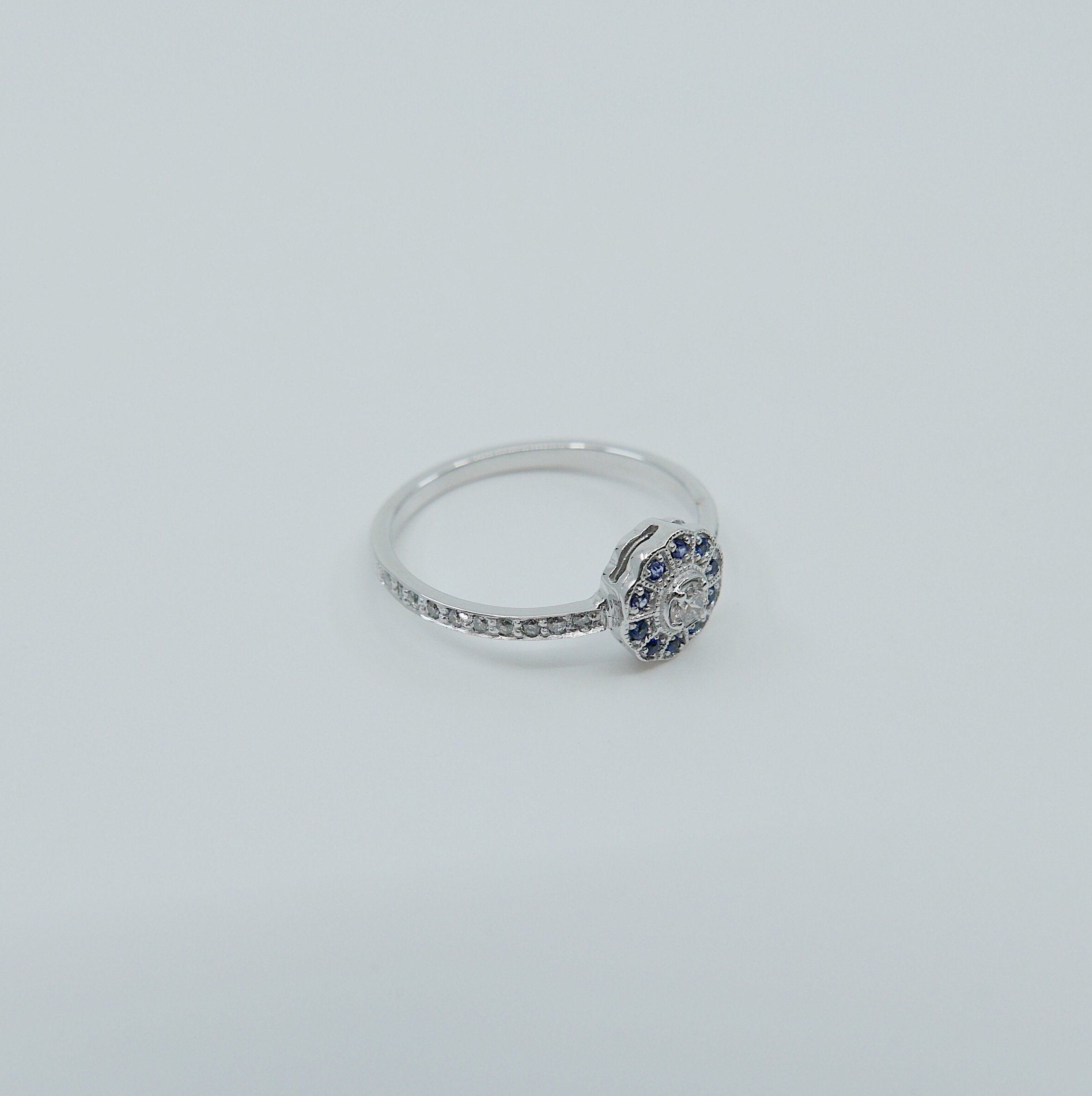 Flora Sapphire Half Pave Diamond ring, 14k Gold Sapphire Pave flower ring, 14k gold sapphire and diamond ring, alternative engagement ring