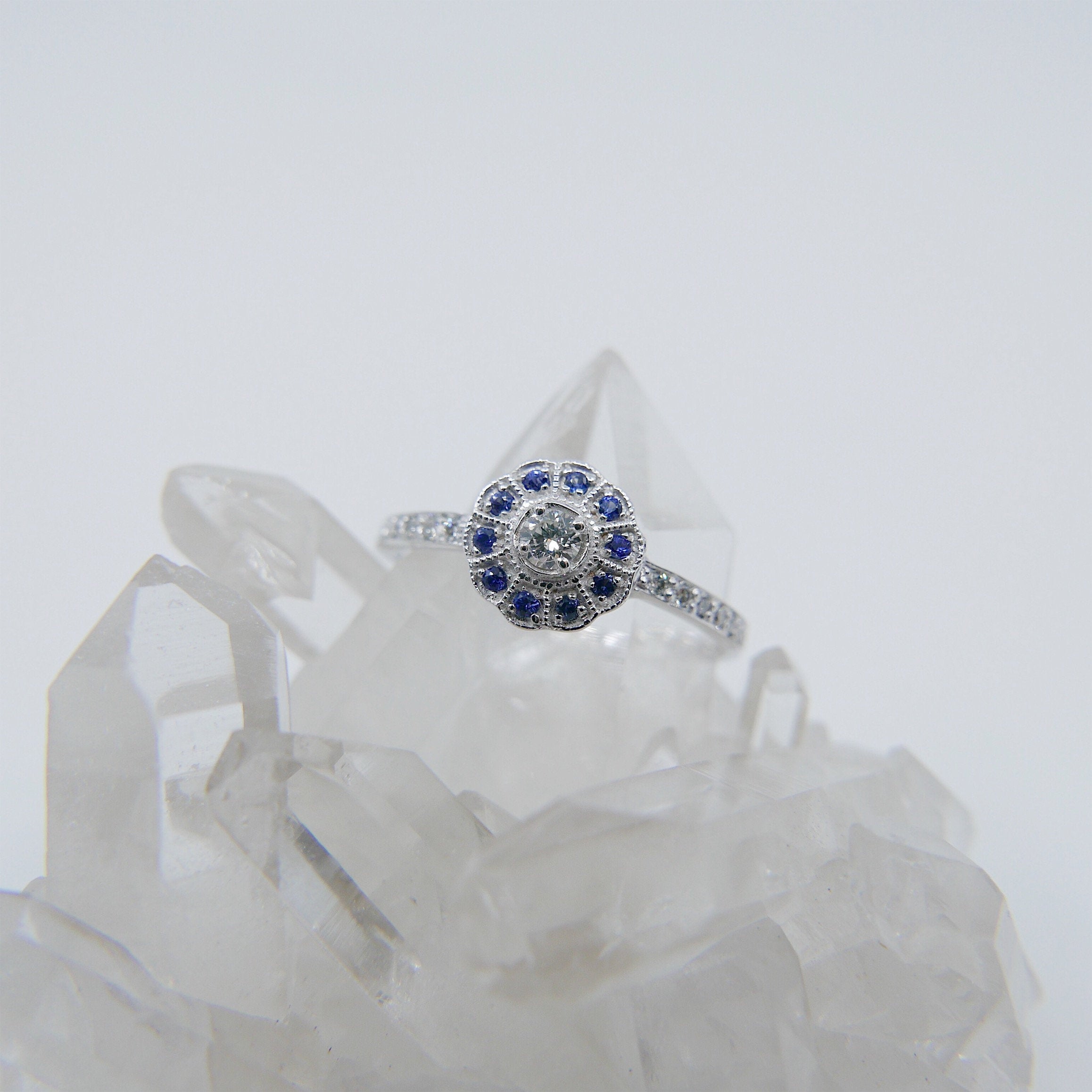 Flora Sapphire Half Pave Diamond ring, 14k Gold Sapphire Pave flower ring, 14k gold sapphire and diamond ring, alternative engagement ring