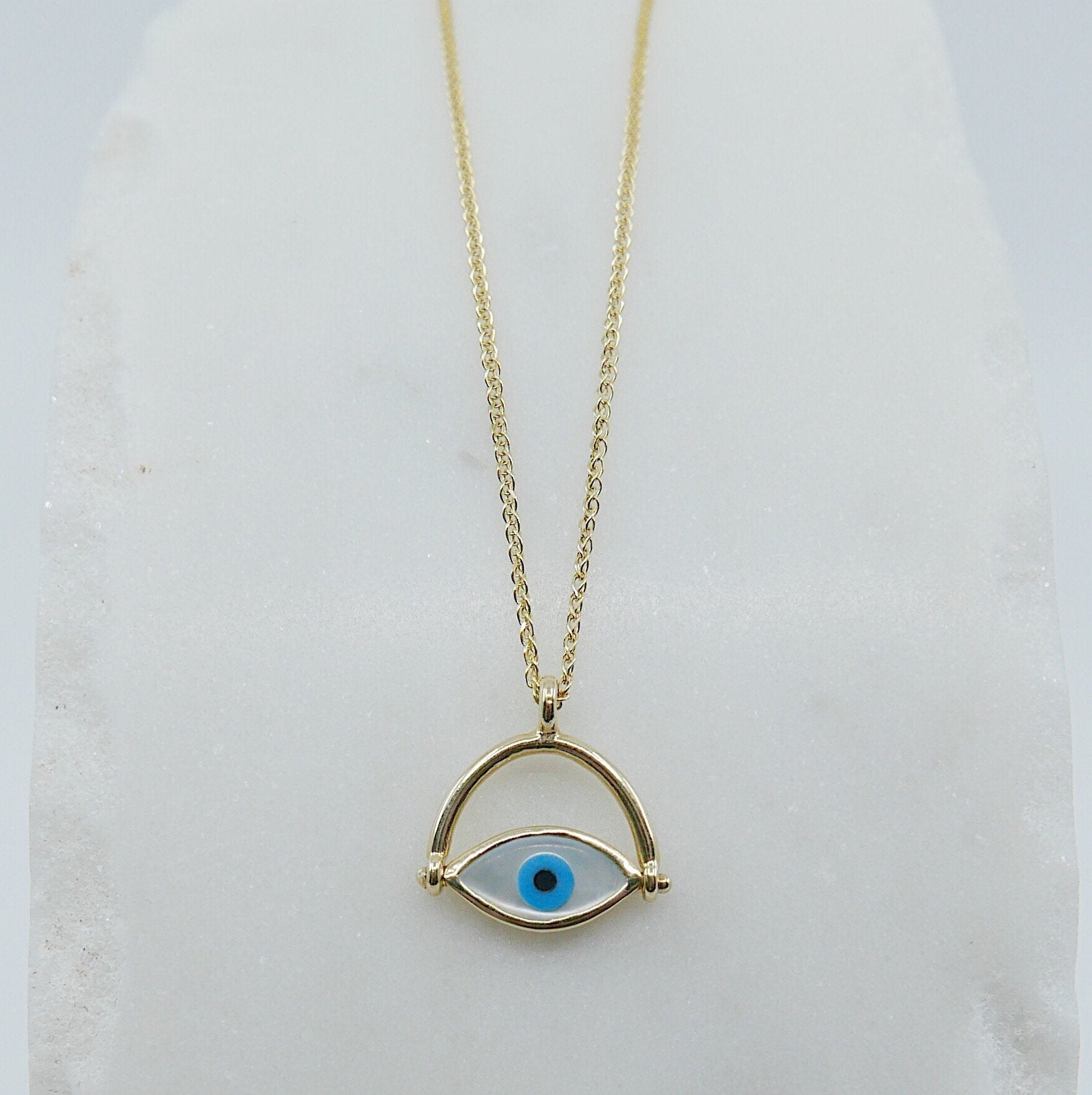 Eye Roll Necklace, mother of pearl pendant, spinning charm, hamsa, third eye necklace, Protect me necklace