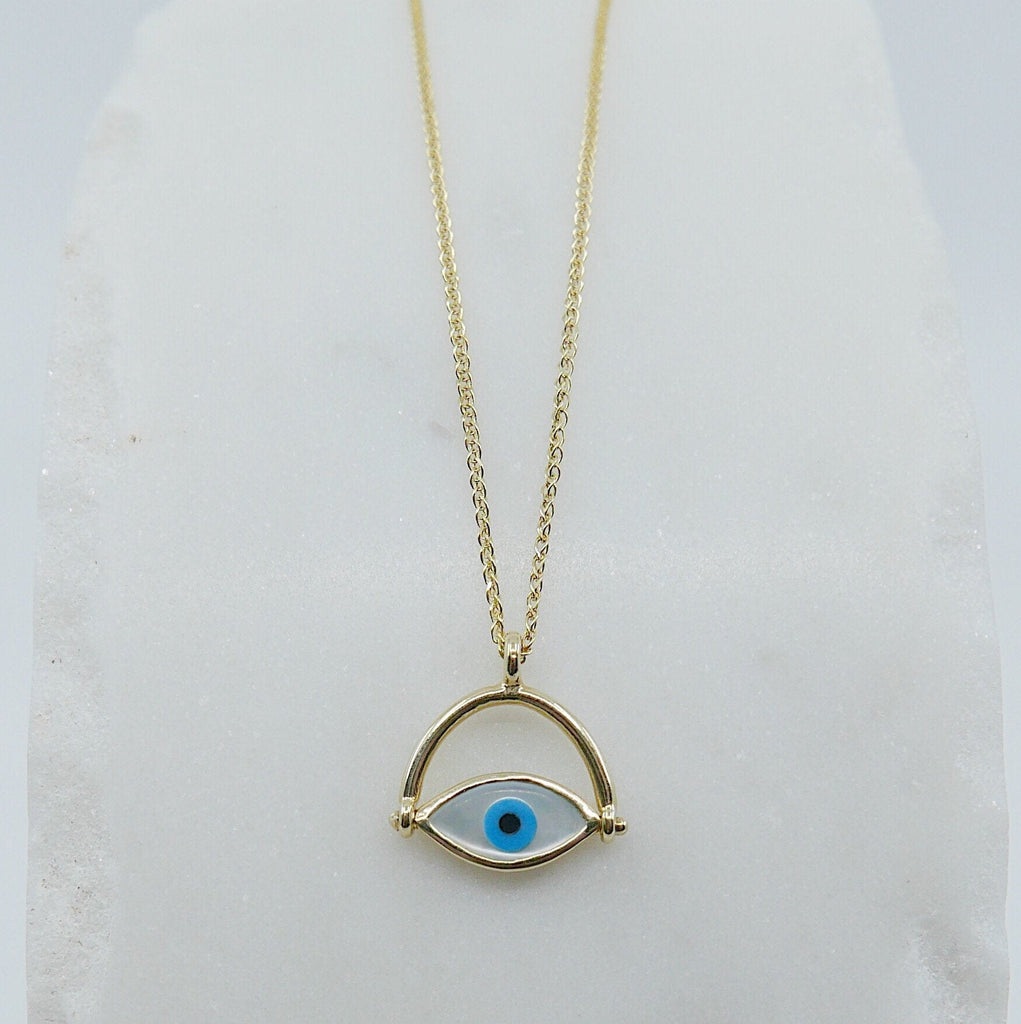 Eye Roll Necklace, mother of pearl pendant, spinning charm, hamsa, third eye necklace, Protect me necklace