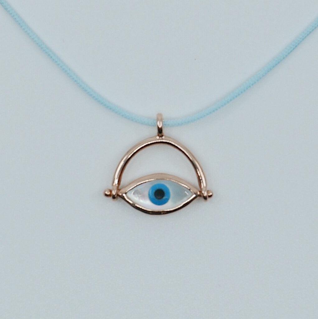 Eye Roll Cord Necklace, mother of pearl pendant, spinning charm, hamsa, third eye necklace, Protect me necklace