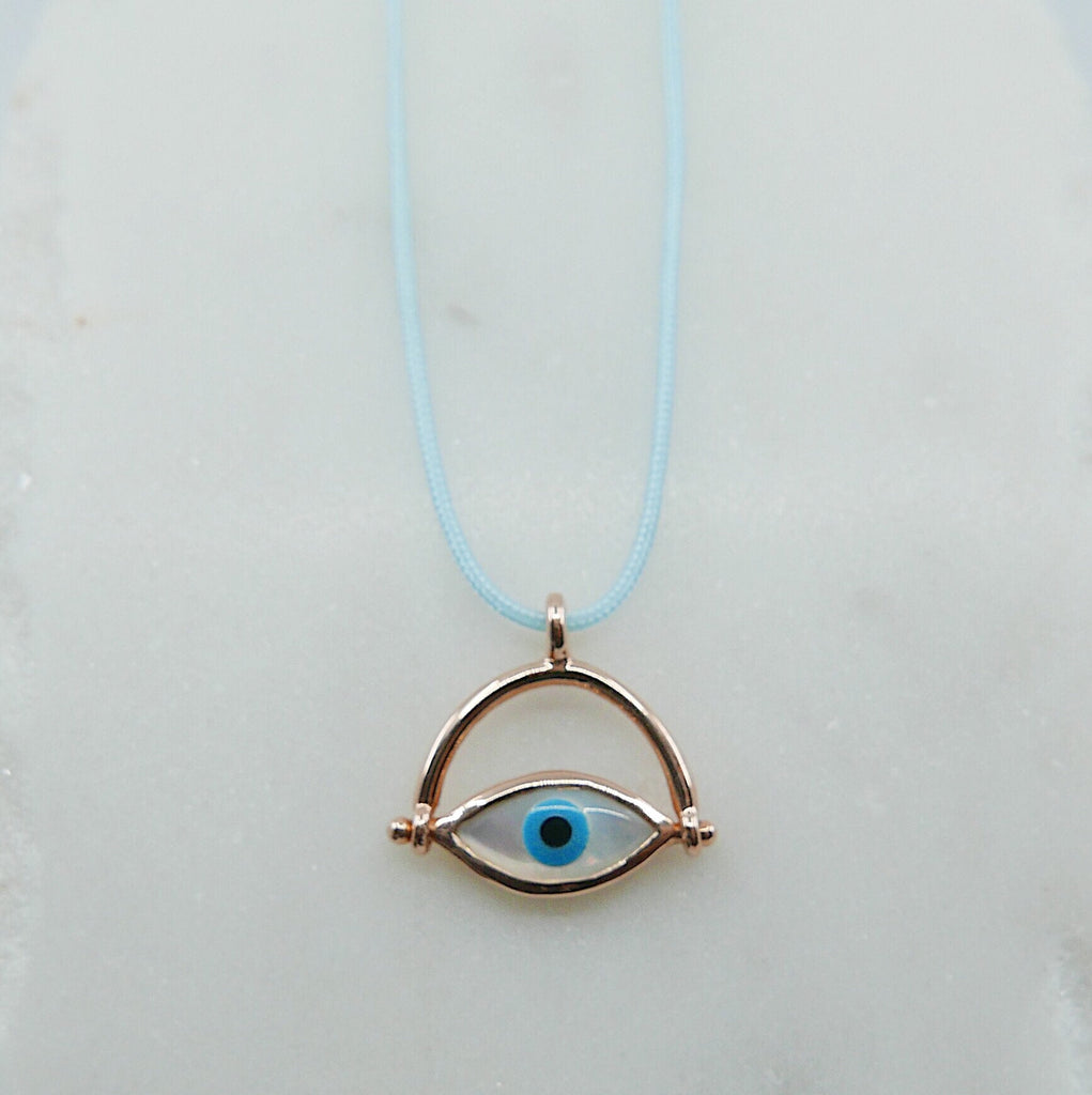 Eye Roll Cord Necklace, mother of pearl pendant, spinning charm, hamsa, third eye necklace, Protect me necklace