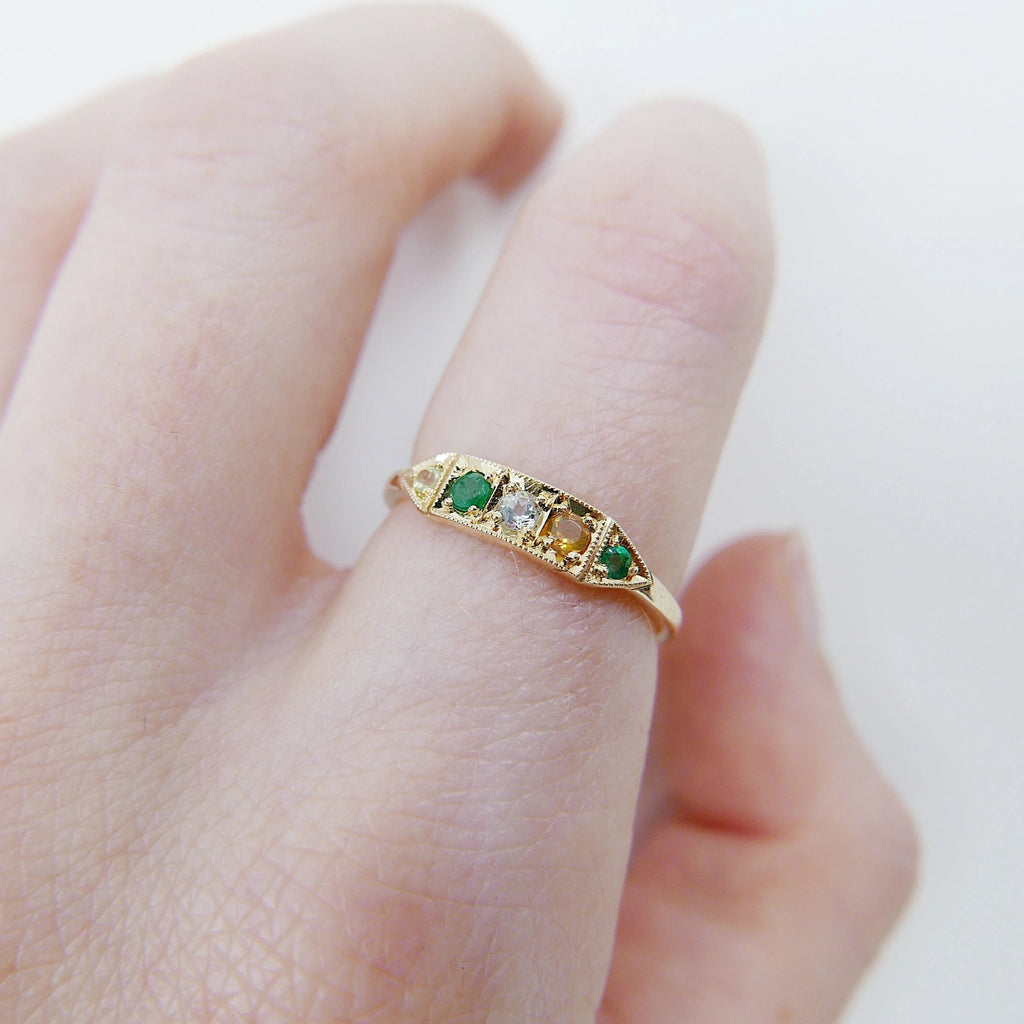 Ms. Goodbar PEACE acrostic ring, 14k stacking ring, Peridot, Emerald, Aquamarine, Citrine, and Emerald ring, Five stone ring, acrostic ring