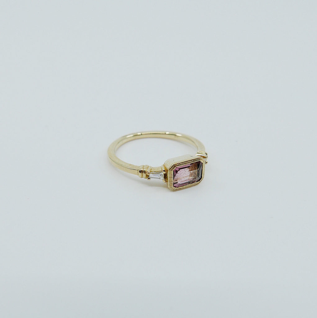 Maggey Pink Tourmaline Ring, 14k Stacking ring, Diamond and tourmaline ring, Tourmaline ring, Diamond ring, Vintage inspired ring