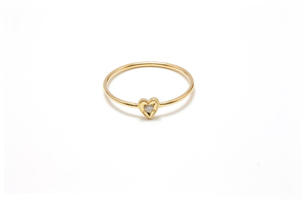 14k gold heart ring, Heart and stone ring, 14k love and diamond ring, mini heart ring, stacking ring