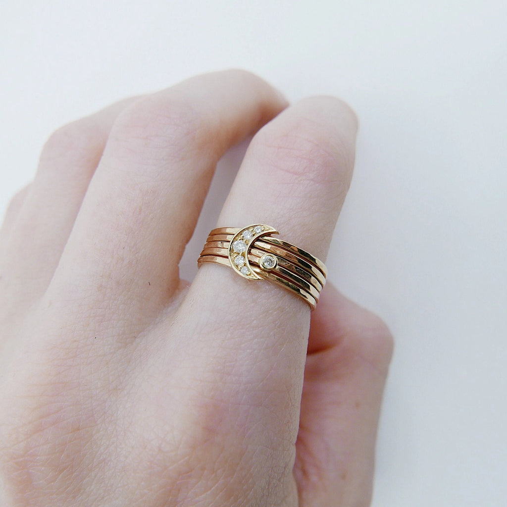 Diamond crescent moon stacking ring, Crescent moon ring set, Moon Rings, Gold Crescent Ring