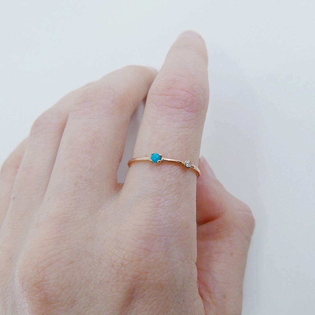 Turquoise Duet Ring (Small), 14k Diamond & turquoise Ring, Mini turquoise Ring, Two Stone Band, Stacking Band, Stacking Ring, 14k Gold Band
