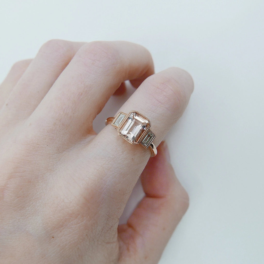 Charlotte Three Stone Ring, Morganite emerald cut ring, Morganite and diamond ring, Pink beryl stone wedding ring, classic engagement ring