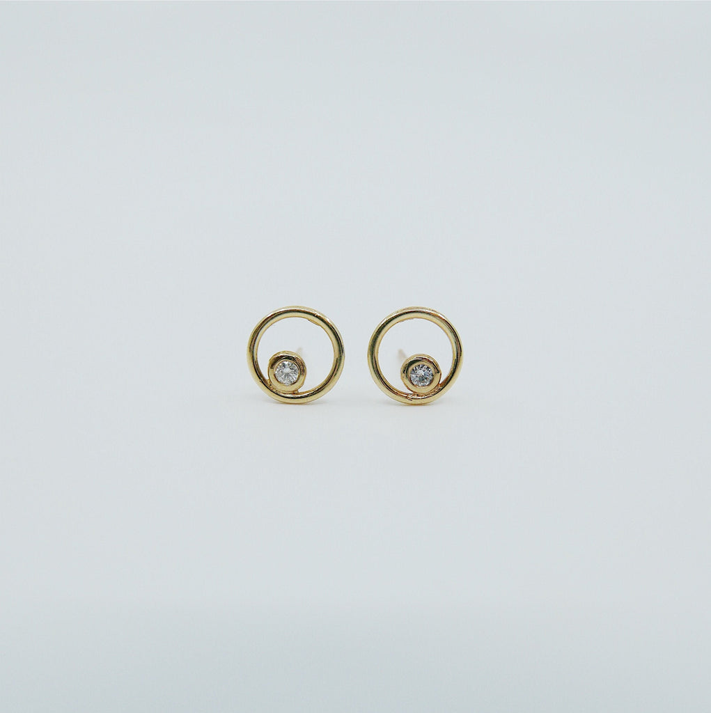 Full circle earrings, circle studs, diamond bezel studs, 14k circle diamond earrings, gold circle earrings, diamond bezel earrings