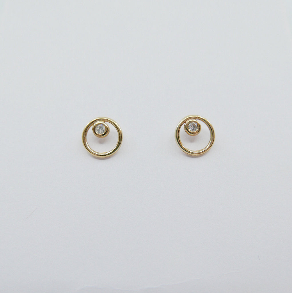 Full circle earrings, circle studs, diamond bezel studs, 14k circle diamond earrings, gold circle earrings, diamond bezel earrings