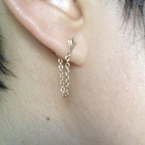 14k Art Deco chained earrings, Stud chain earrings, Gold Chained earrings