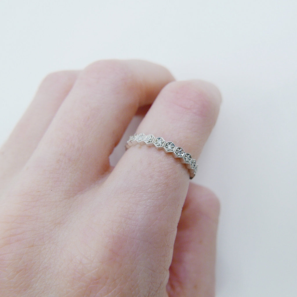 Hexagon Diamond Eternity band, diamond stacking band, wedding band, infinity Geometric ring, diamond infinity ring